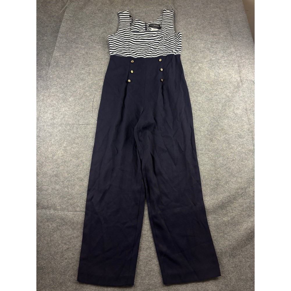 John Roberts Navy Blue‎ Striped Nautical Sailor Jumpsuit Anchor Button Womens 4P